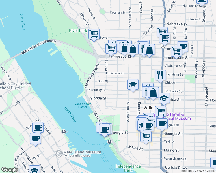 map of restaurants, bars, coffee shops, grocery stores, and more near 514 Butte Street in Vallejo