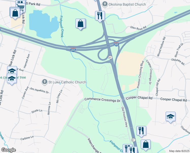 map of restaurants, bars, coffee shops, grocery stores, and more near 9707 Cooper Church Drive in Louisville