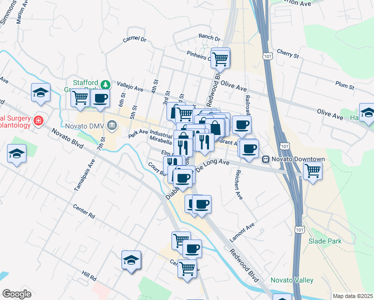 map of restaurants, bars, coffee shops, grocery stores, and more near in Novato
