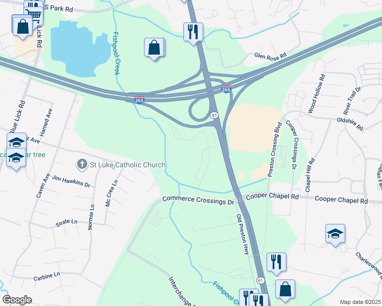 map of restaurants, bars, coffee shops, grocery stores, and more near 9707 Cooper Church Drive in Louisville