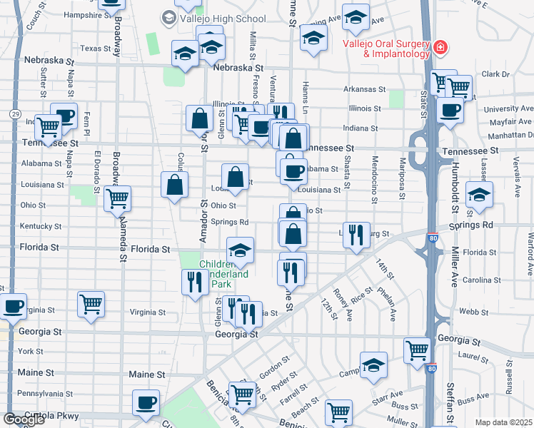 map of restaurants, bars, coffee shops, grocery stores, and more near 449 Springs Road in Vallejo
