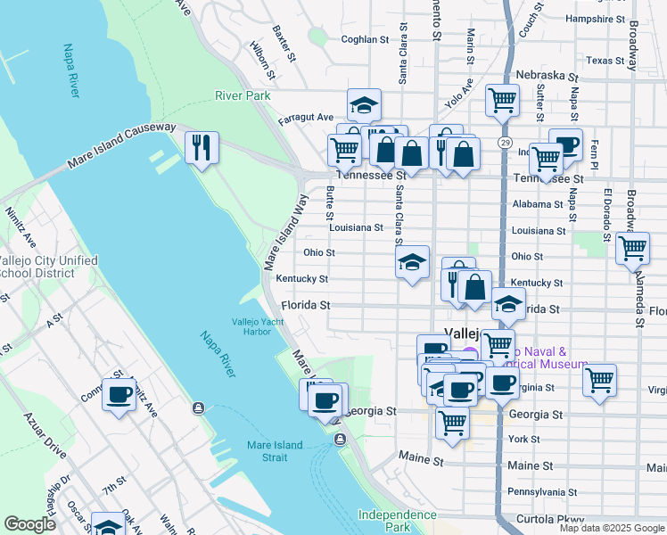 map of restaurants, bars, coffee shops, grocery stores, and more near 145 Kentucky Street in Vallejo