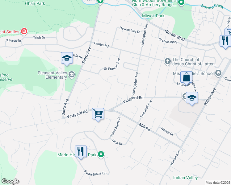 map of restaurants, bars, coffee shops, grocery stores, and more near 2280 Vineyard Road in Novato