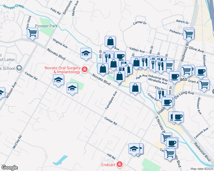 map of restaurants, bars, coffee shops, grocery stores, and more near 1717 Novato Boulevard in Novato