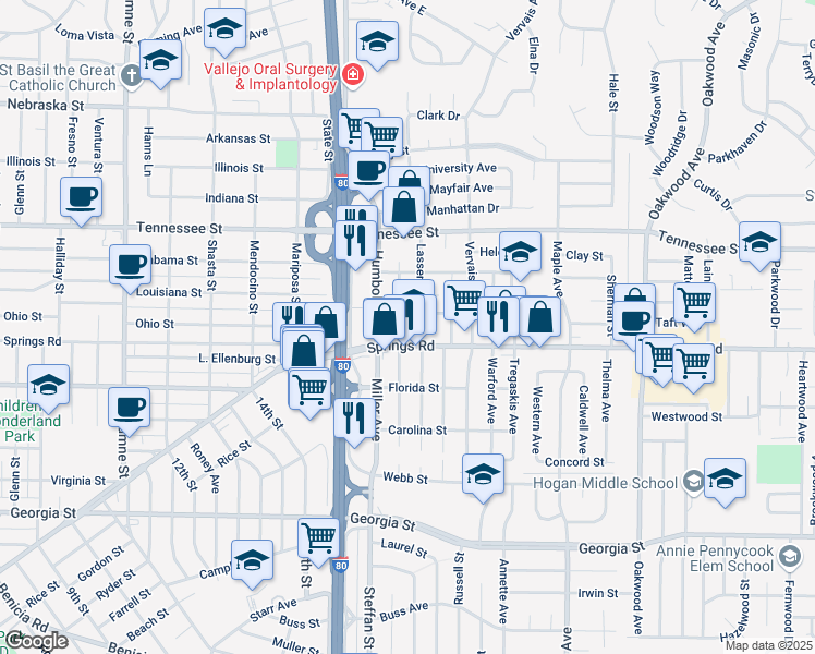 map of restaurants, bars, coffee shops, grocery stores, and more near 1237 Springs Road in Vallejo