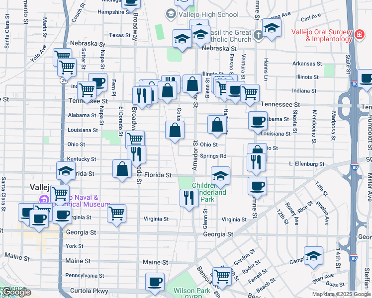 map of restaurants, bars, coffee shops, grocery stores, and more near 1313 Ohio Street in Vallejo