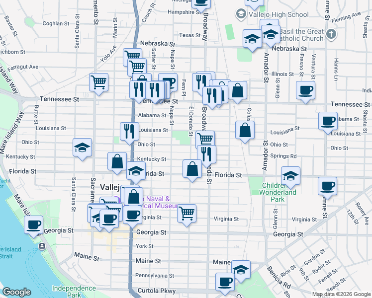 map of restaurants, bars, coffee shops, grocery stores, and more near 939 Ohio Street in Vallejo