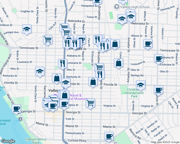 map of restaurants, bars, coffee shops, grocery stores, and more near 939 Ohio St in Vallejo