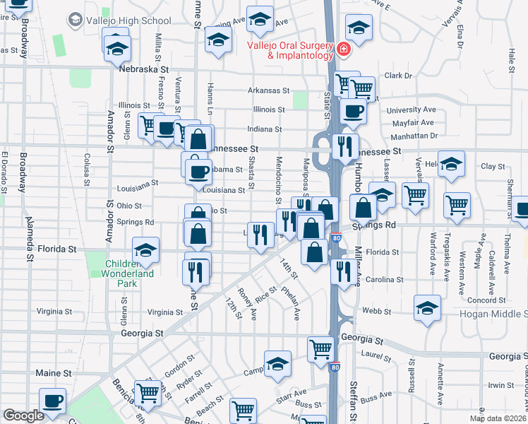 map of restaurants, bars, coffee shops, grocery stores, and more near 131 Mendocino Street in Vallejo