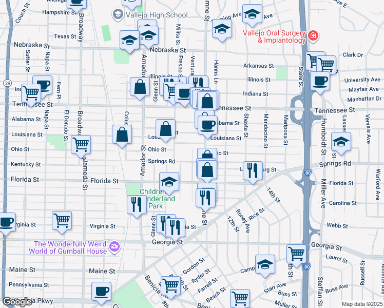 map of restaurants, bars, coffee shops, grocery stores, and more near 449 Springs Road in Vallejo