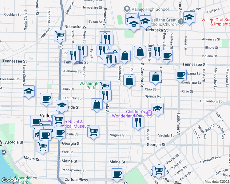 map of restaurants, bars, coffee shops, grocery stores, and more near 1136 Kentucky Street in Vallejo