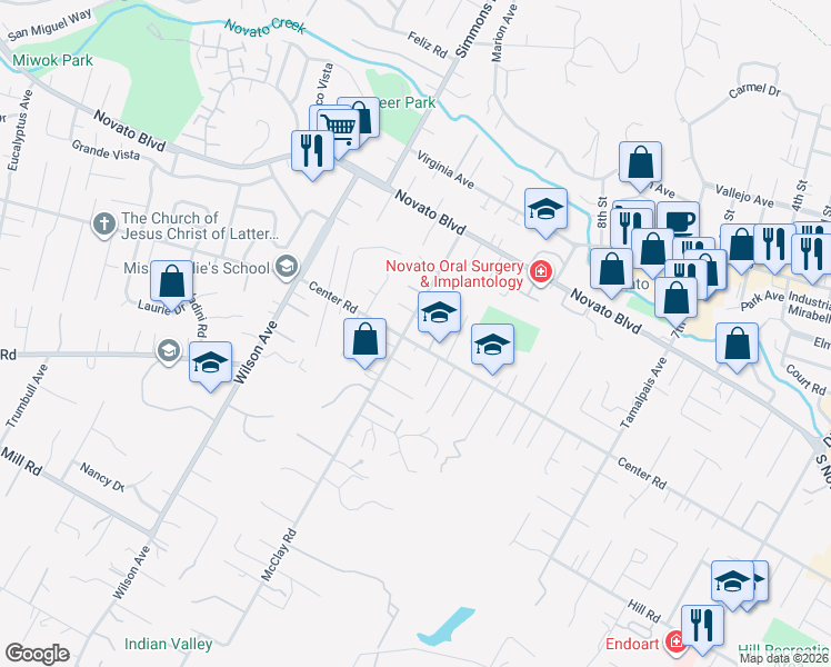 map of restaurants, bars, coffee shops, grocery stores, and more near 1847 Center Road in Novato