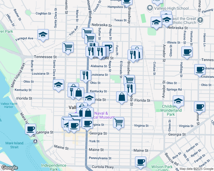 map of restaurants, bars, coffee shops, grocery stores, and more near 1129 Napa Street in Vallejo