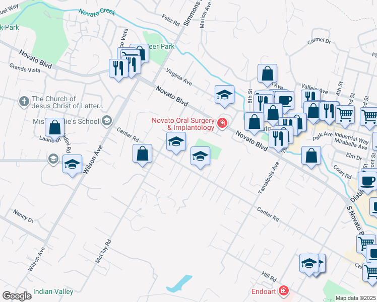 map of restaurants, bars, coffee shops, grocery stores, and more near 2 Meyers Court in Novato