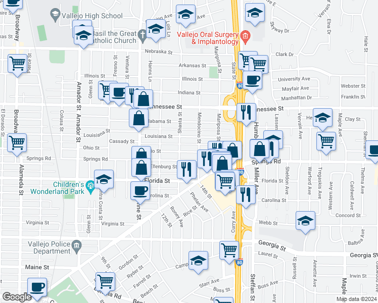 map of restaurants, bars, coffee shops, grocery stores, and more near 131 Mendocino Street in Vallejo