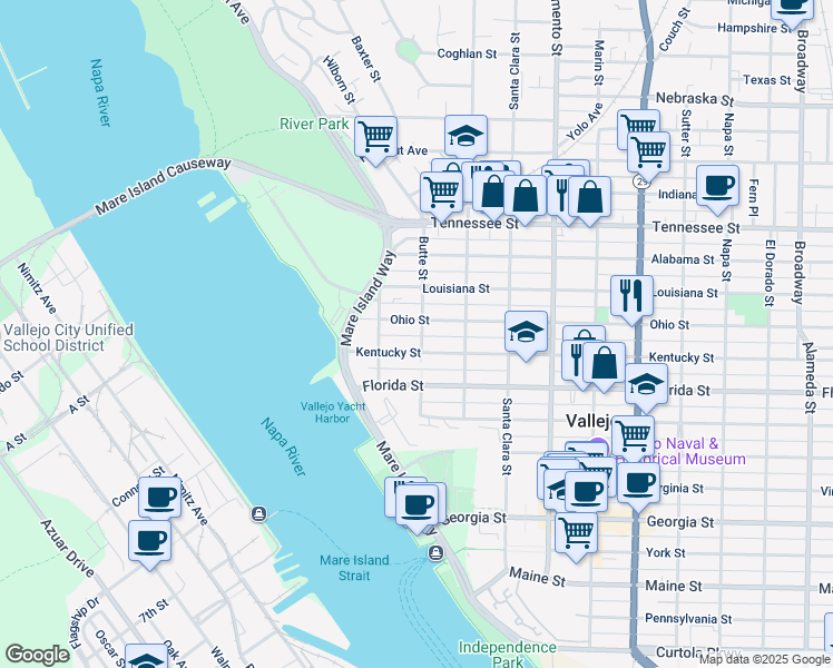 map of restaurants, bars, coffee shops, grocery stores, and more near 517 Butte Street in Vallejo