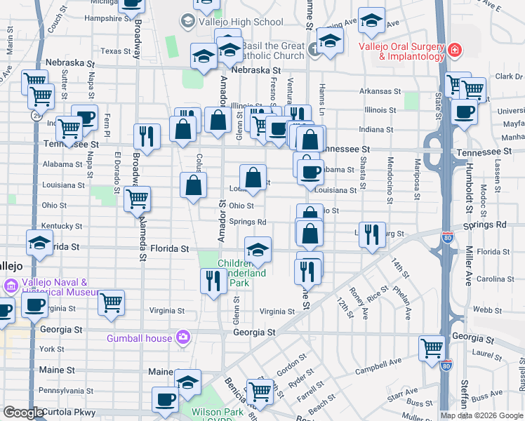 map of restaurants, bars, coffee shops, grocery stores, and more near 35 Halliday Street in Vallejo