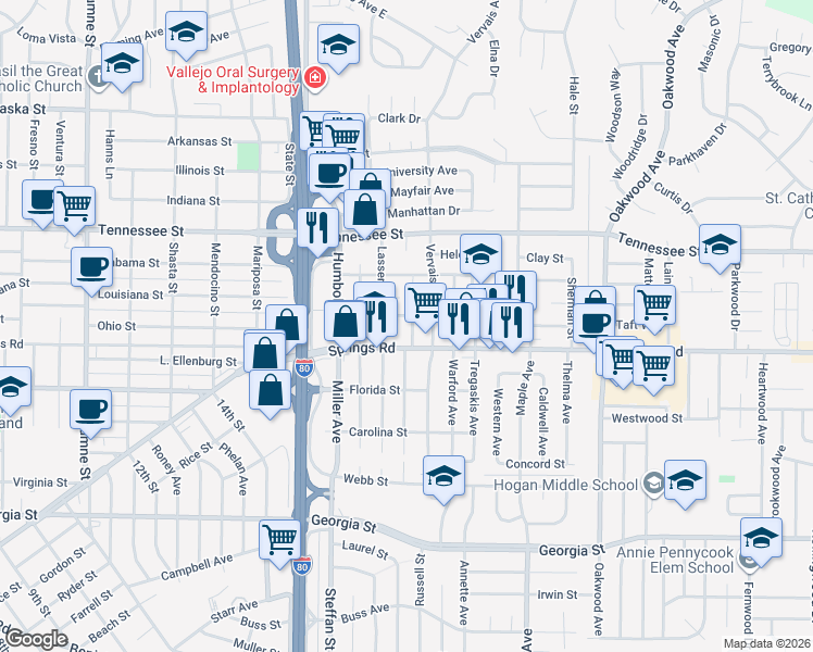 map of restaurants, bars, coffee shops, grocery stores, and more near 725 Del Norte Street in Vallejo