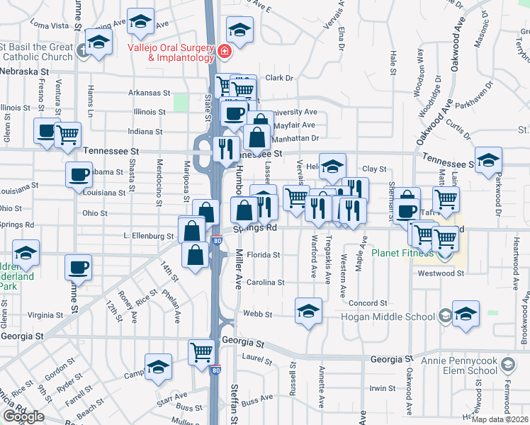 map of restaurants, bars, coffee shops, grocery stores, and more near 1005 Downs Way in Vallejo