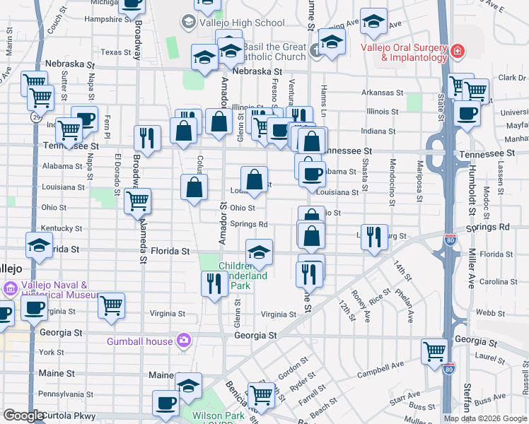 map of restaurants, bars, coffee shops, grocery stores, and more near 35 Halliday Street in Vallejo