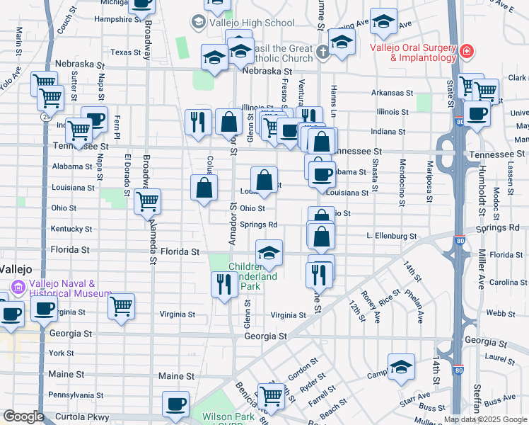 map of restaurants, bars, coffee shops, grocery stores, and more near 35 Halliday Street in Vallejo