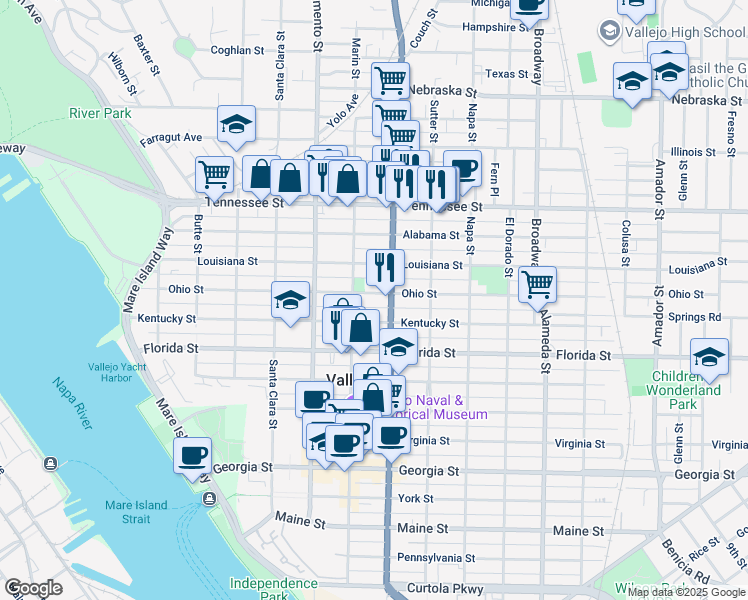 map of restaurants, bars, coffee shops, grocery stores, and more near 614 Ohio Street in Vallejo