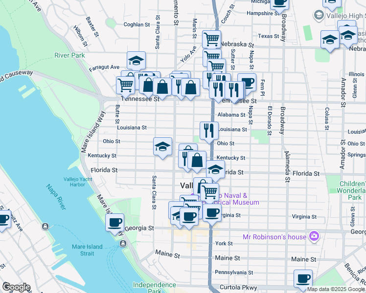 map of restaurants, bars, coffee shops, grocery stores, and more near 516 Overland Al in Vallejo
