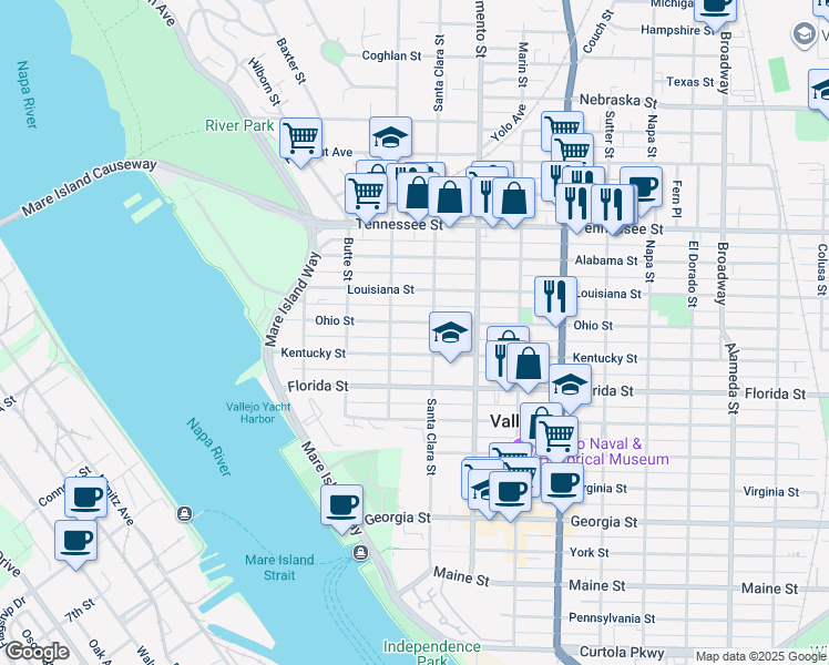 map of restaurants, bars, coffee shops, grocery stores, and more near 324 Ohio Street in Vallejo