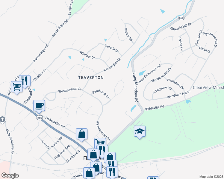 map of restaurants, bars, coffee shops, grocery stores, and more near 42 Pambrook Drive in Fishersville