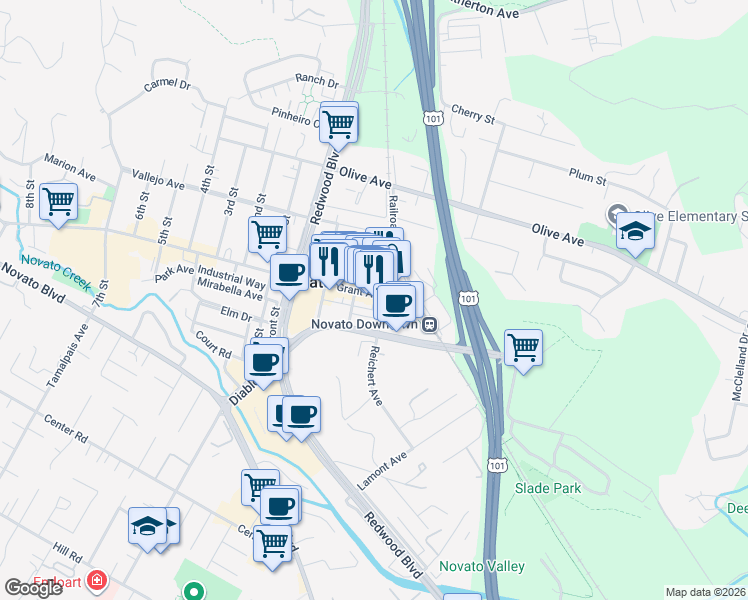 map of restaurants, bars, coffee shops, grocery stores, and more near 811 Grant Avenue in Novato