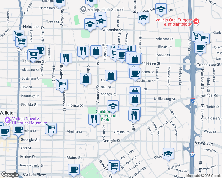 map of restaurants, bars, coffee shops, grocery stores, and more near 1465 Ohio Street in Vallejo