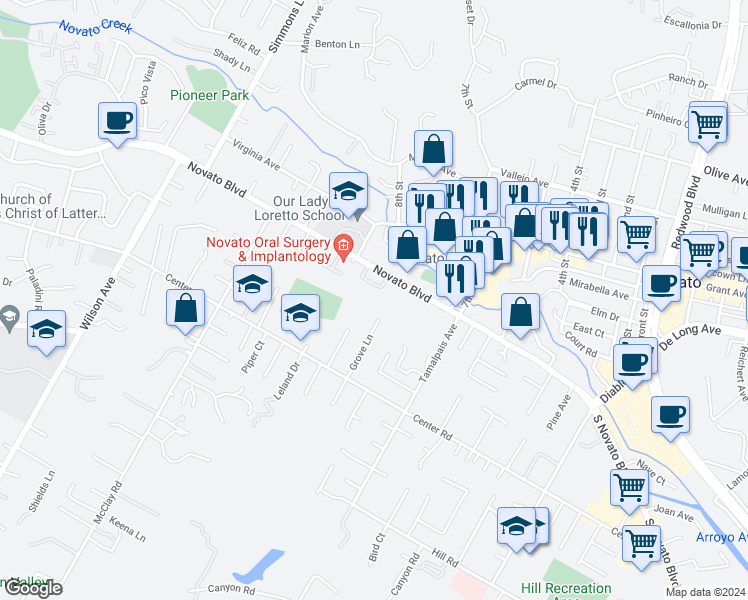 map of restaurants, bars, coffee shops, grocery stores, and more near 1755 Novato Boulevard in Novato