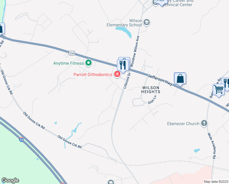 map of restaurants, bars, coffee shops, grocery stores, and more near 36 Old Oaks Drive in Staunton