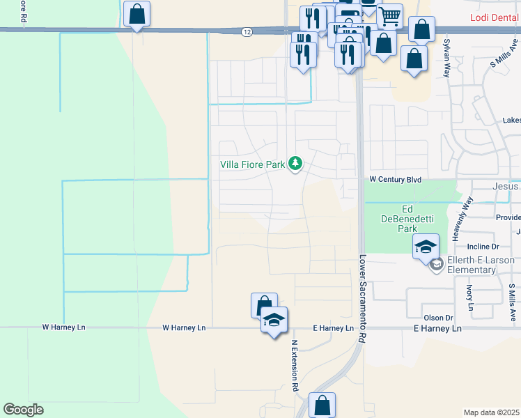 map of restaurants, bars, coffee shops, grocery stores, and more near 2912 Fuchsia Drive in Lodi