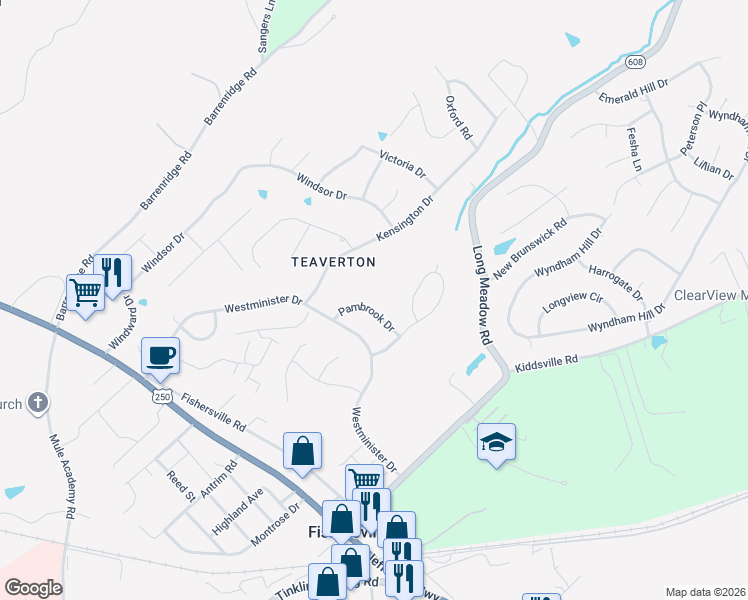 map of restaurants, bars, coffee shops, grocery stores, and more near 42 Pambrook Drive in Fishersville