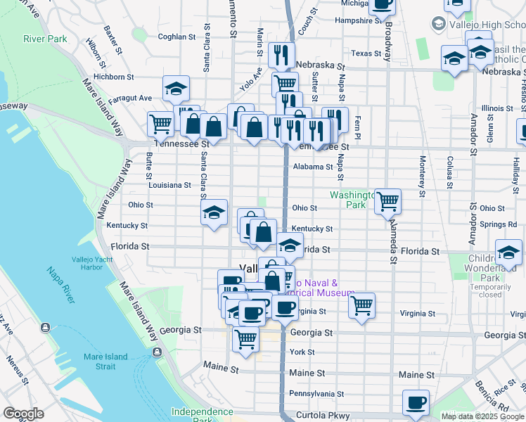 map of restaurants, bars, coffee shops, grocery stores, and more near 1130 Marin Street in Vallejo
