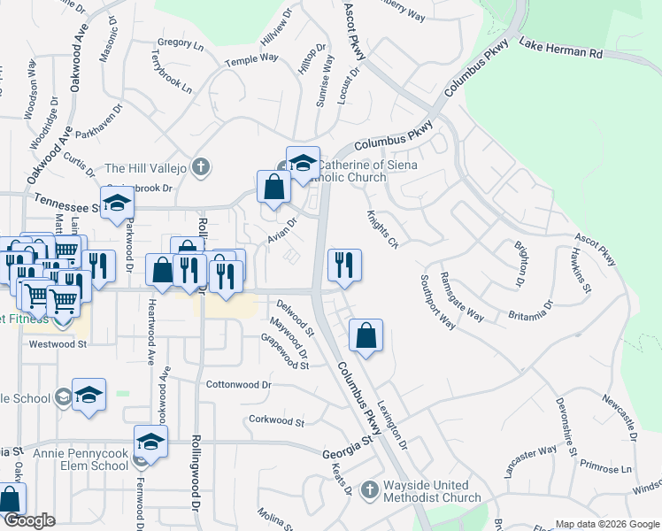 map of restaurants, bars, coffee shops, grocery stores, and more near 149 Rainbow Court in Vallejo