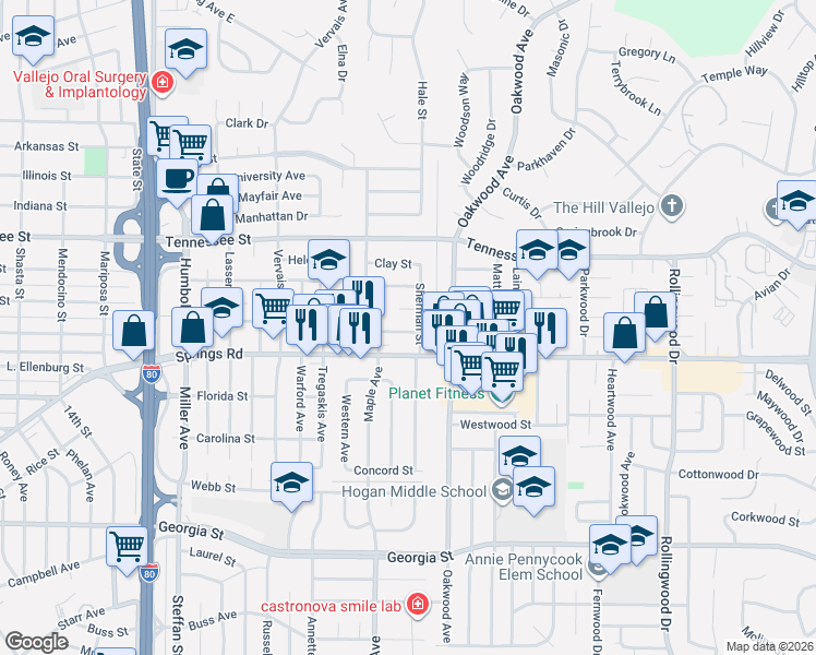 map of restaurants, bars, coffee shops, grocery stores, and more near 108 Ross Street in Vallejo