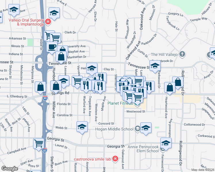 map of restaurants, bars, coffee shops, grocery stores, and more near 108 Ross Street in Vallejo