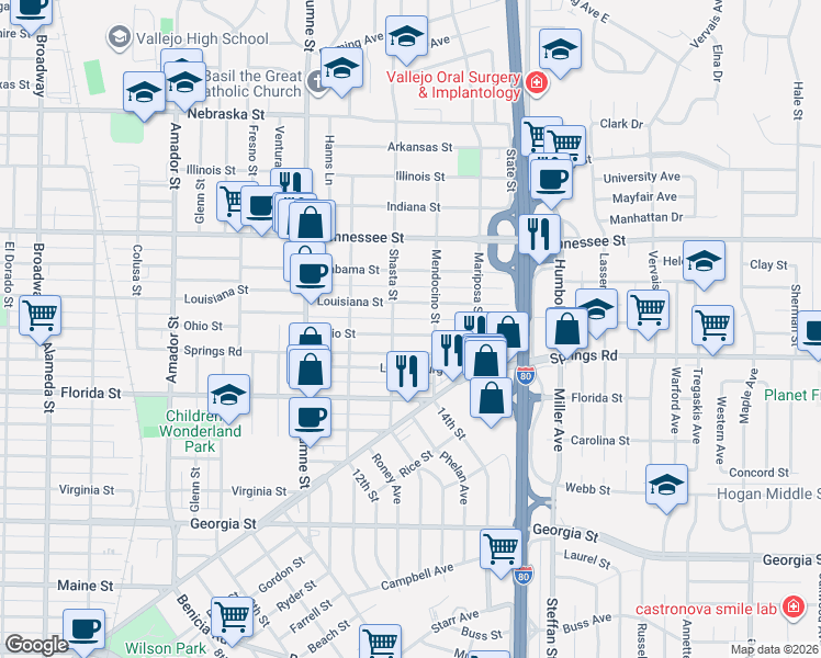 map of restaurants, bars, coffee shops, grocery stores, and more near 1739 Louisiana Street in Vallejo
