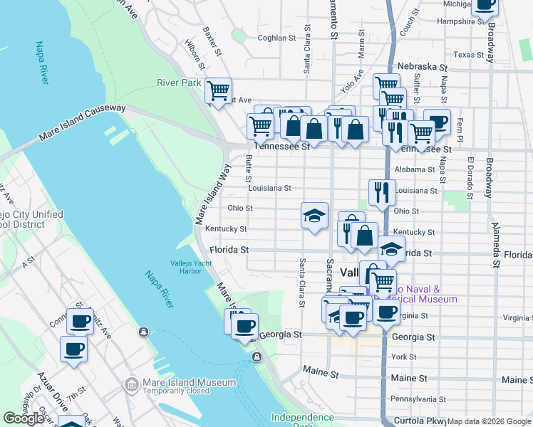 map of restaurants, bars, coffee shops, grocery stores, and more near 236 Ohio Street in Vallejo