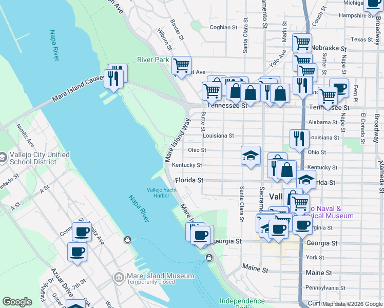 map of restaurants, bars, coffee shops, grocery stores, and more near 140 Ohio Street in Vallejo