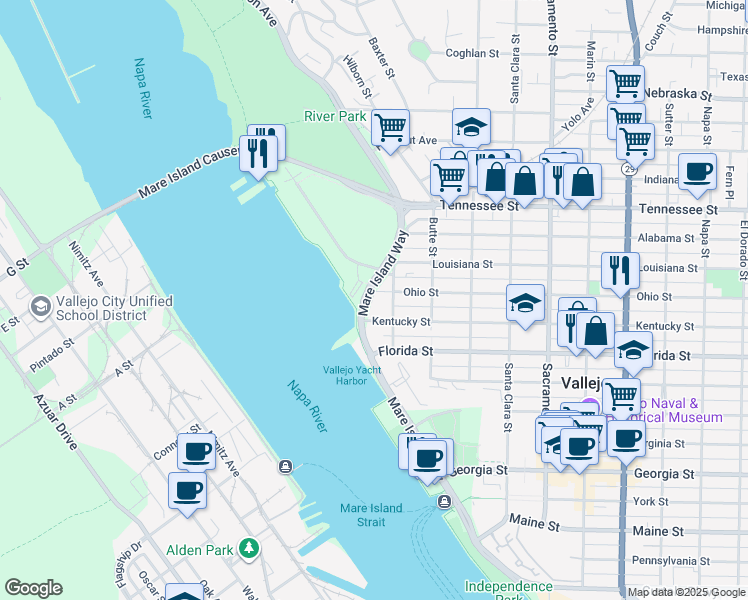 map of restaurants, bars, coffee shops, grocery stores, and more near 403 Trinity Street in Vallejo