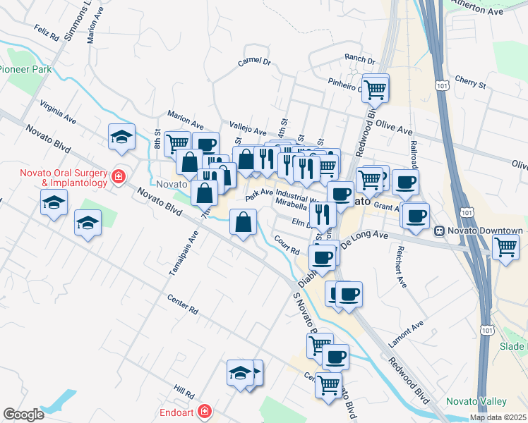 map of restaurants, bars, coffee shops, grocery stores, and more near 1421 Park Avenue in Novato