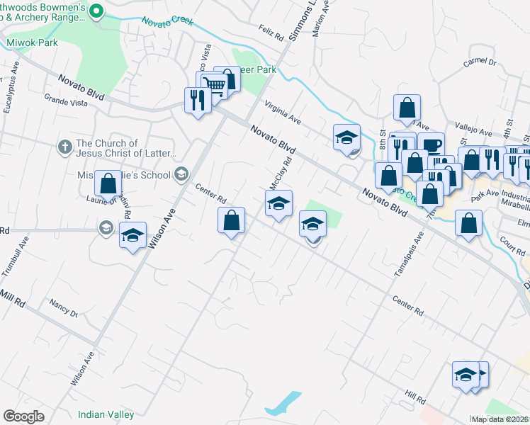 map of restaurants, bars, coffee shops, grocery stores, and more near 2 Colleen Court in Novato