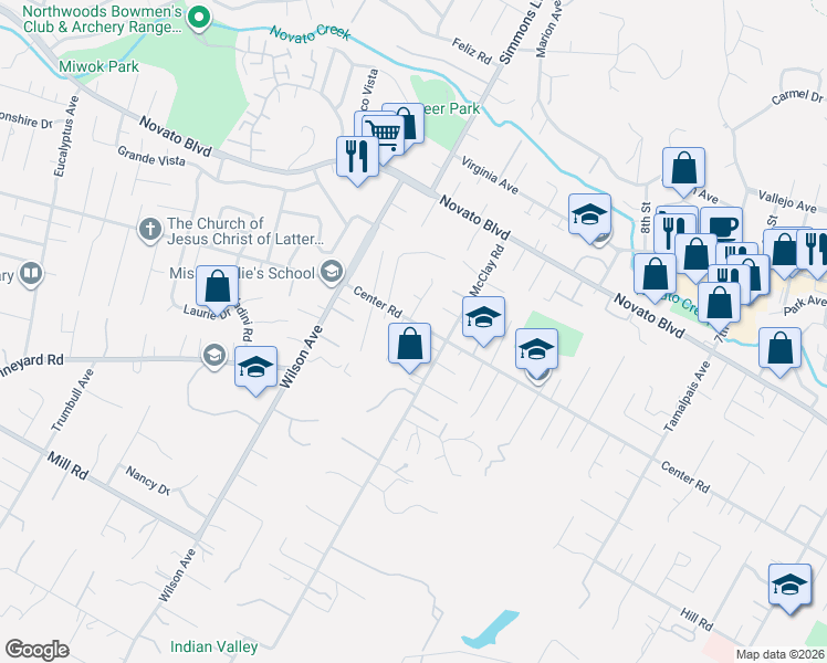 map of restaurants, bars, coffee shops, grocery stores, and more near 4 Margory Court in Novato