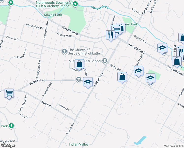 map of restaurants, bars, coffee shops, grocery stores, and more near 15 Hickox Road in Novato