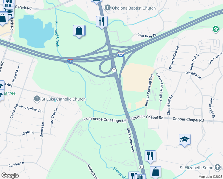map of restaurants, bars, coffee shops, grocery stores, and more near 9620 Cooper Church Drive in Louisville