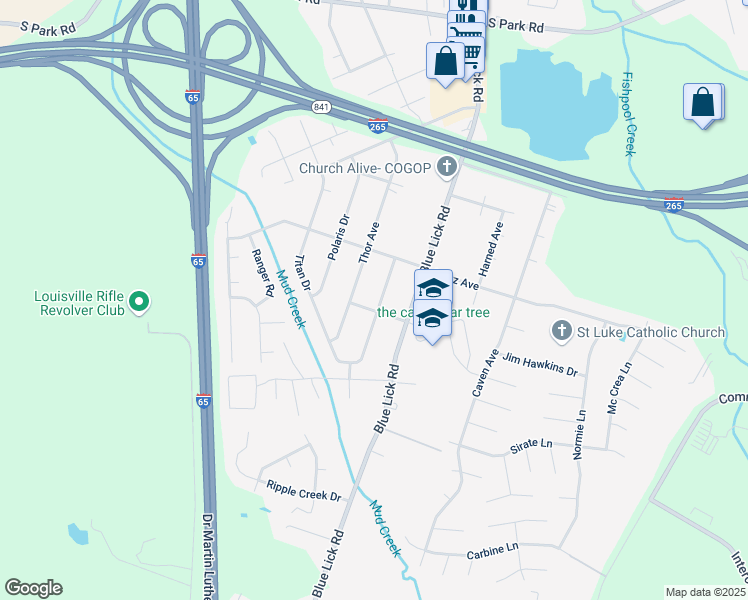 map of restaurants, bars, coffee shops, grocery stores, and more near 9716 Saturn Drive in Louisville