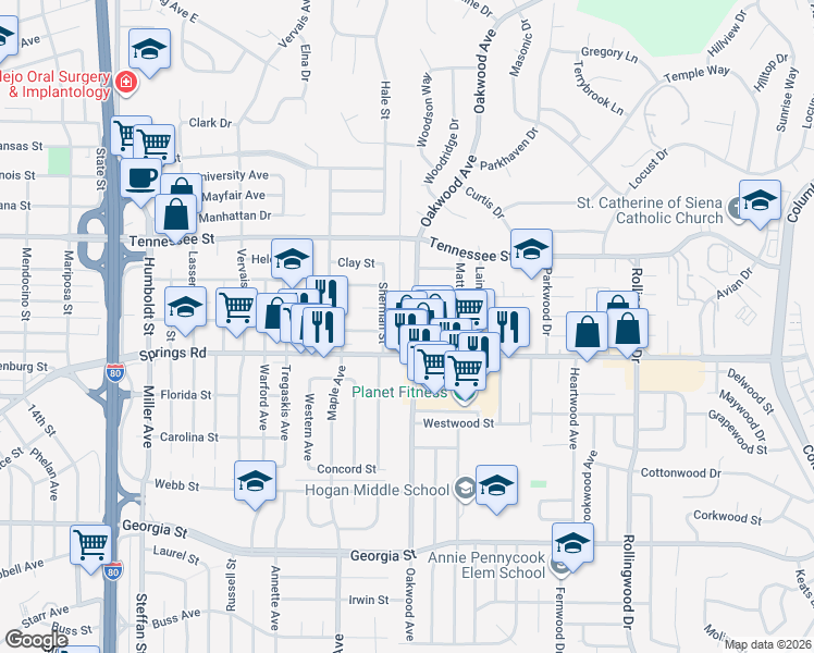 map of restaurants, bars, coffee shops, grocery stores, and more near 1123 Oakwood Avenue in Vallejo